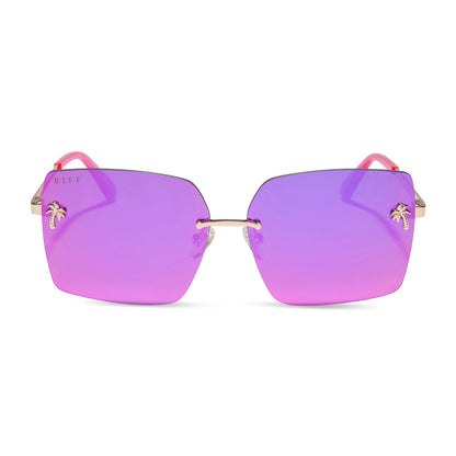 jena sims x diff eyewear featuring the rookie square sunglasses with a hot pink with gold metal frame and hot pink mirror lenses front view