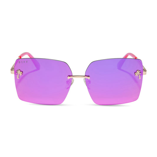 jena sims x diff eyewear featuring the rookie square sunglasses with a hot pink with gold metal frame and hot pink mirror lenses front view