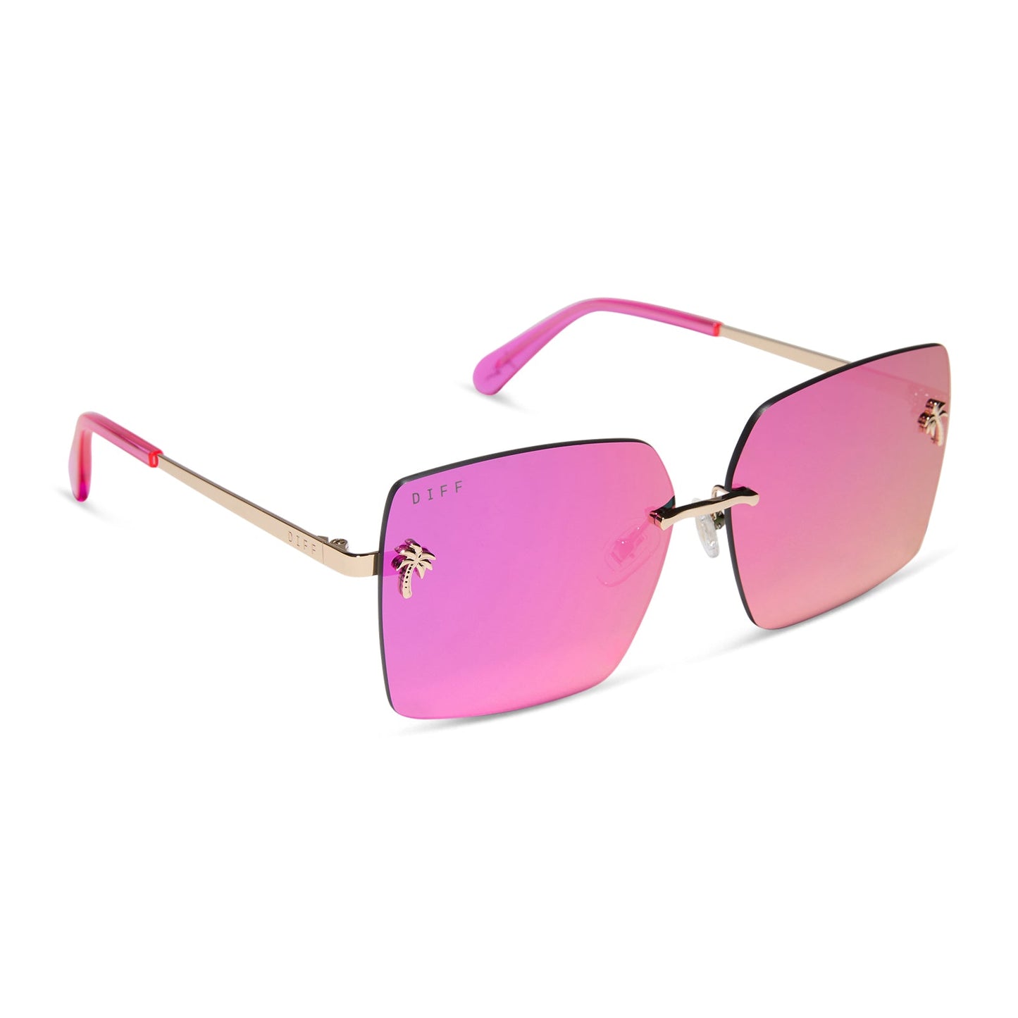jena sims x diff eyewear featuring the rookie square sunglasses with a hot pink with gold metal frame and hot pink mirror lenses angled view