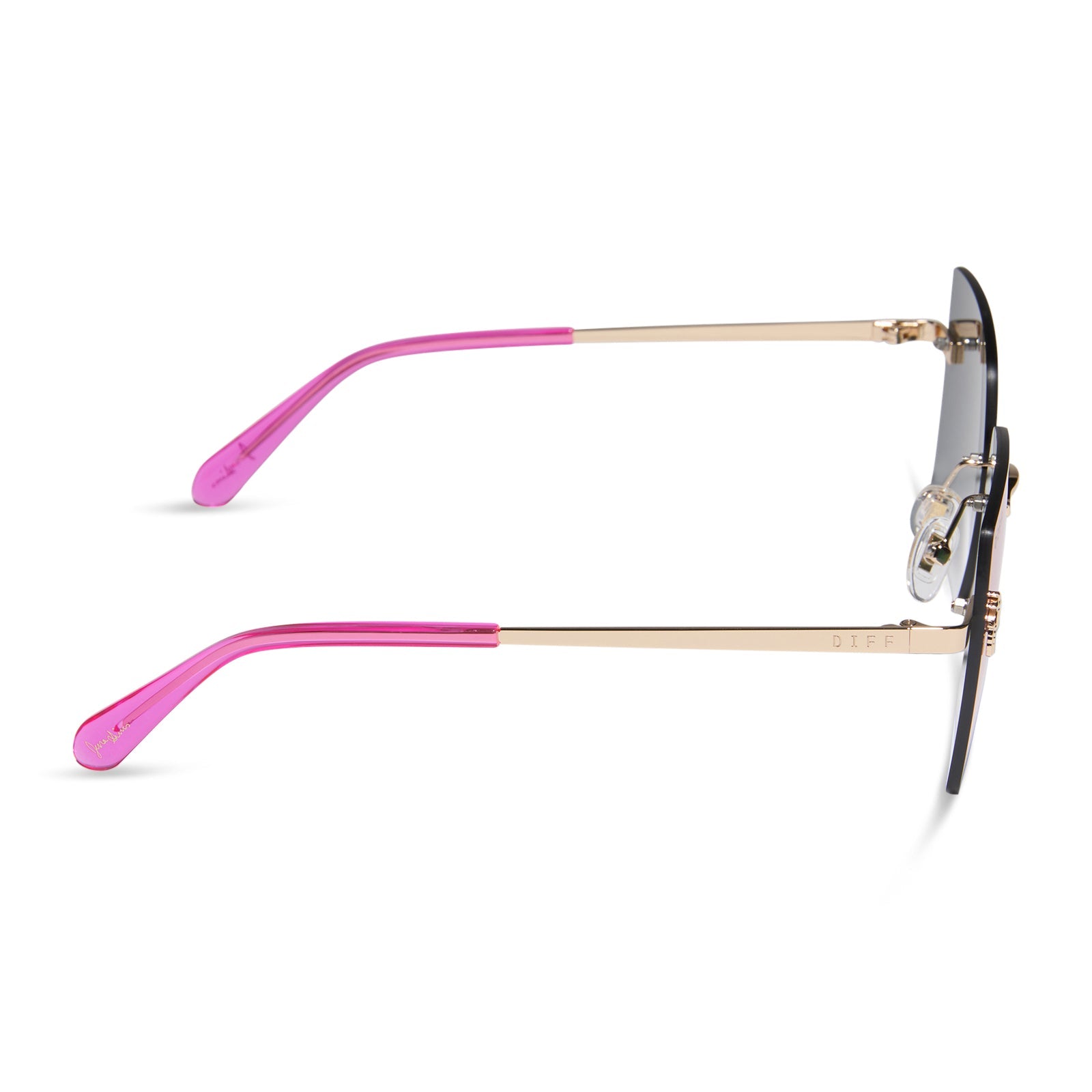 jena sims x diff eyewear featuring the rookie square sunglasses with a hot pink with gold metal frame and hot pink mirror lenses side view