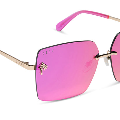 jena sims x diff eyewear featuring the rookie square sunglasses with a hot pink with gold metal frame and hot pink mirror lenses detailed view