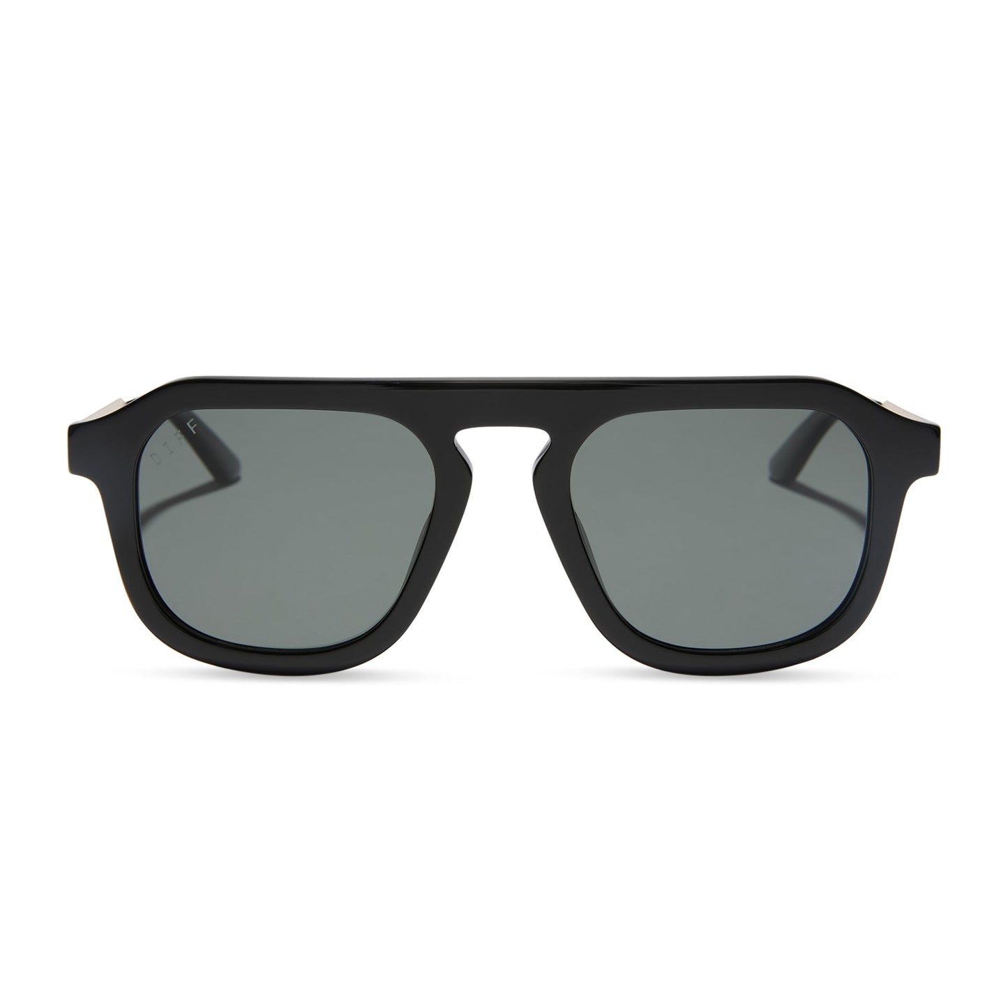 jena sims x diff eyewear featuring the sims navigator sunglasses with a black acetate with gold metal frame and grey gradient polarized lenses front view