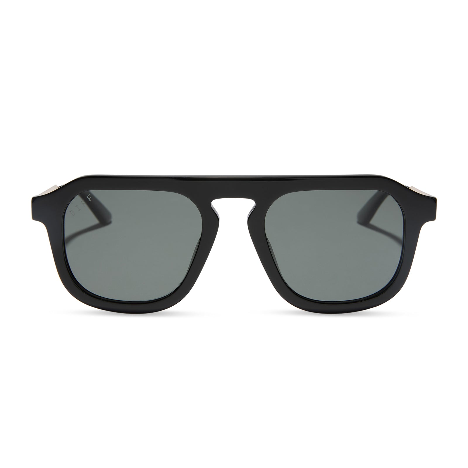 jena sims x diff eyewear featuring the sims navigator sunglasses with a black acetate with gold metal frame and grey gradient polarized lenses front view