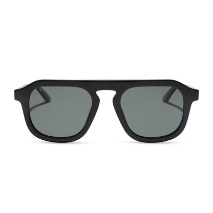 jena sims x diff eyewear featuring the sims navigator sunglasses with a black acetate with gold metal frame and grey gradient polarized lenses front view