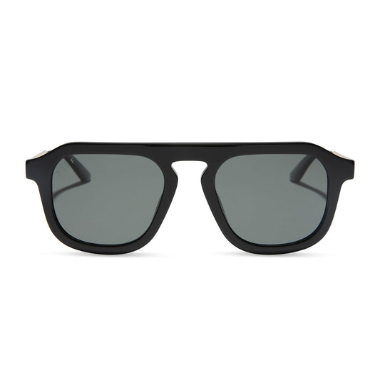 jena sims x diff eyewear featuring the sims navigator sunglasses with a black acetate with gold metal frame and grey gradient polarized lenses front view