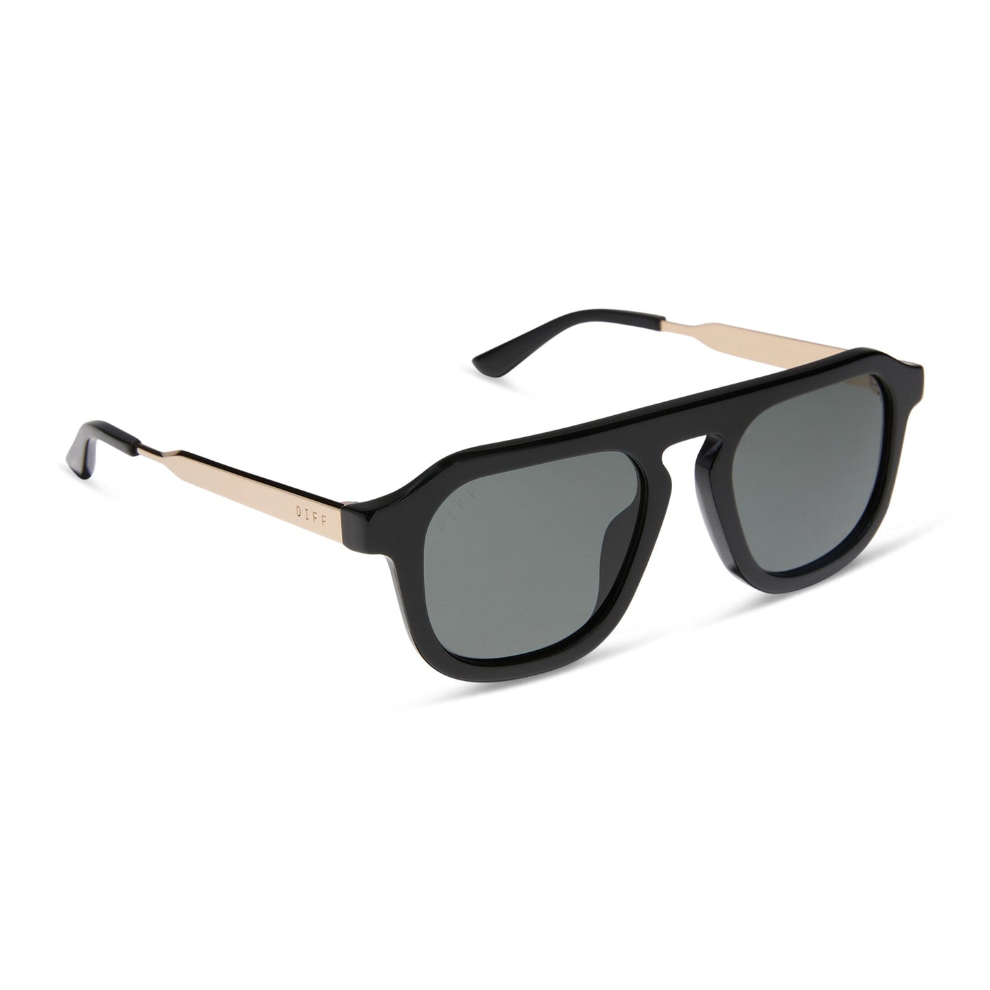 jena sims x diff eyewear featuring the sims navigator sunglasses with a black acetate with gold metal frame and grey gradient polarized lenses angled view