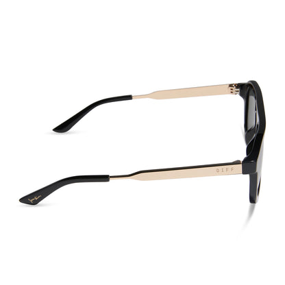 jena sims x diff eyewear featuring the sims navigator sunglasses with a black acetate with gold metal frame and grey gradient polarized lenses side view