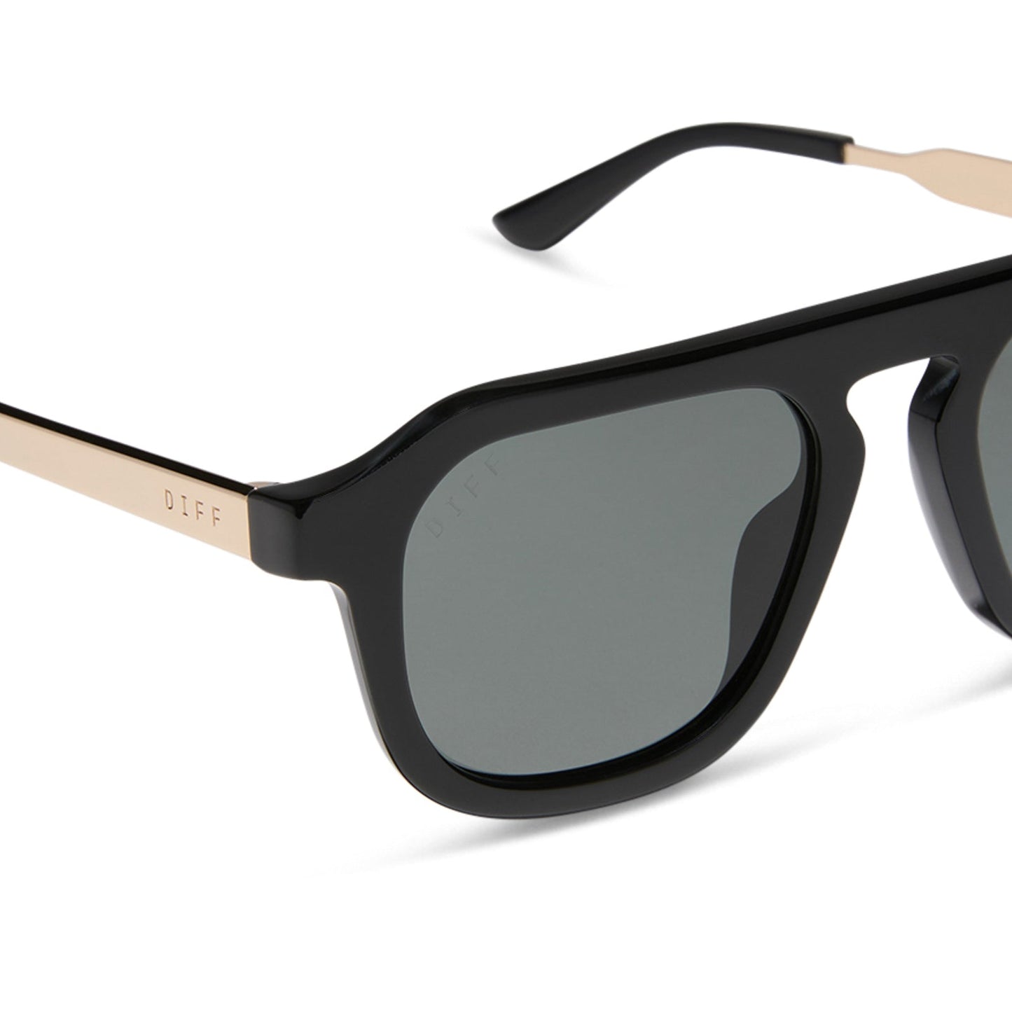 jena sims x diff eyewear featuring the sims navigator sunglasses with a black acetate with gold metal frame and grey gradient polarized lenses detailed view