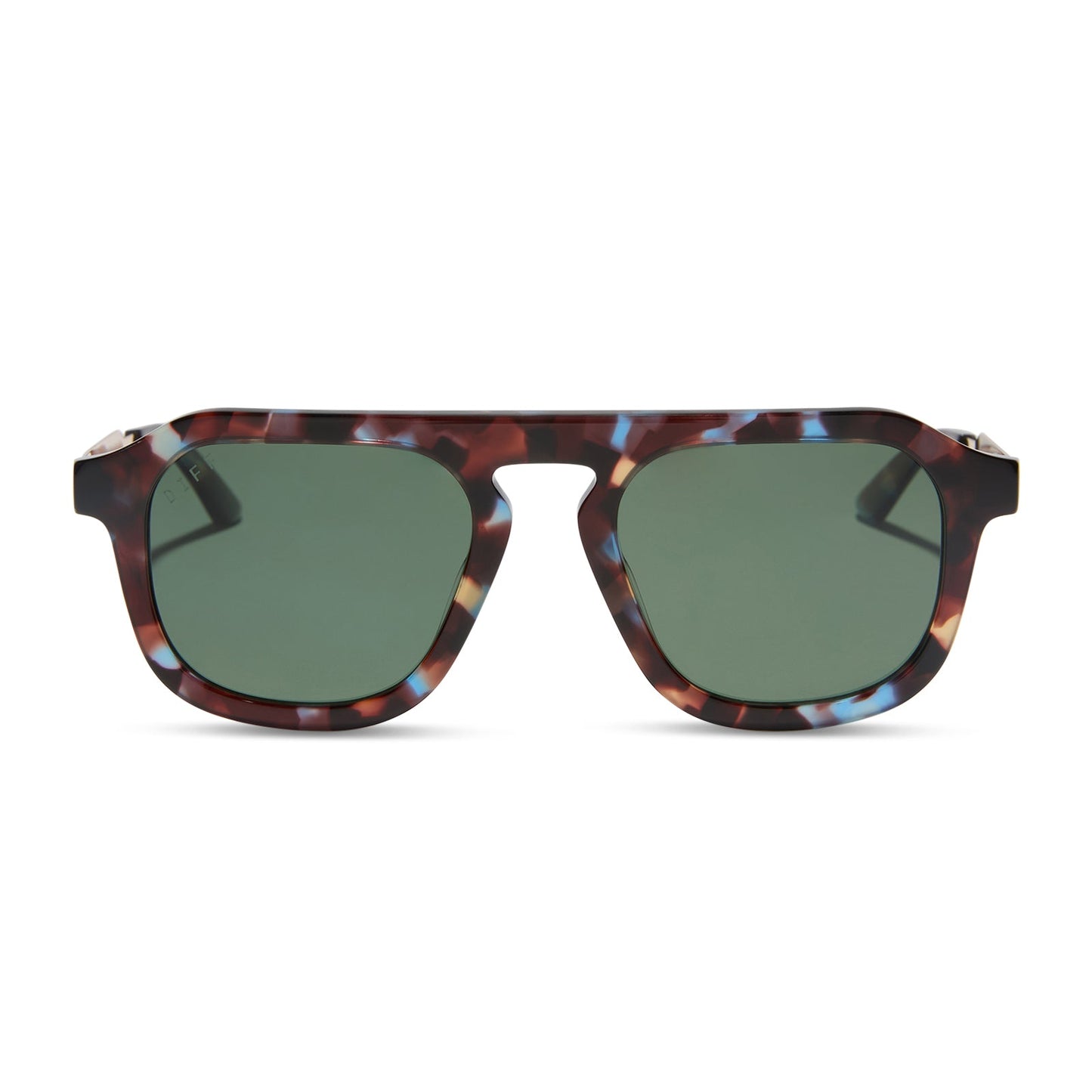 jena sims x diff eyewear featuring the sims navigator sunglasses with a blue color pop with gold metal frame and g15 polarized lenses front view