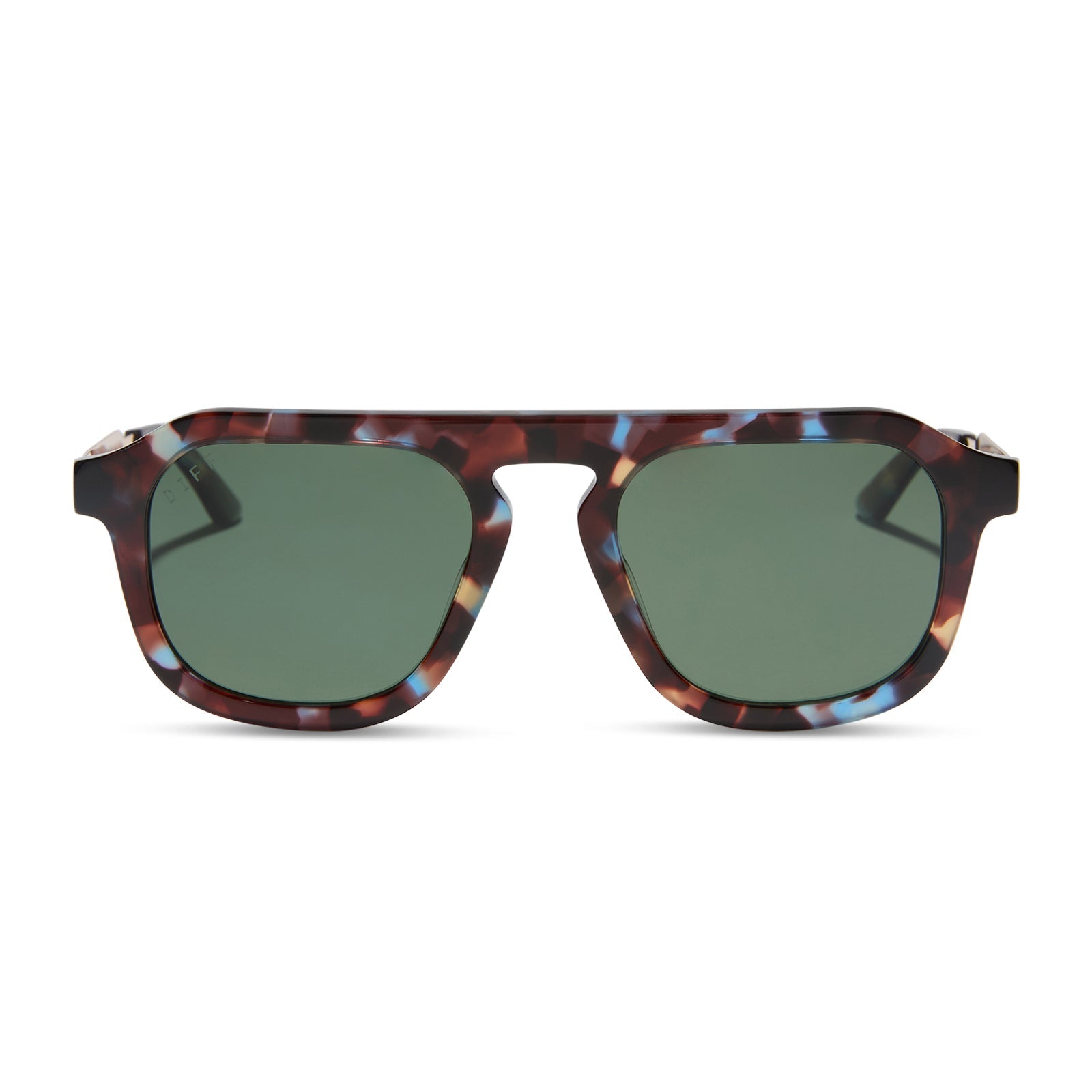 jena sims x diff eyewear featuring the sims navigator sunglasses with a blue color pop with gold metal frame and g15 polarized lenses front view