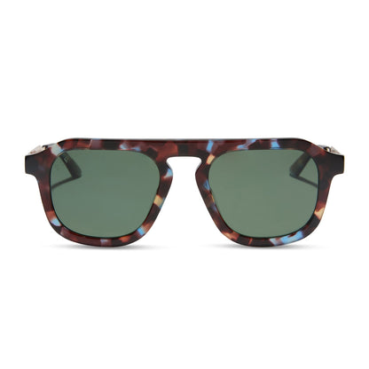 jena sims x diff eyewear featuring the sims navigator sunglasses with a blue color pop with gold metal frame and g15 polarized lenses front view