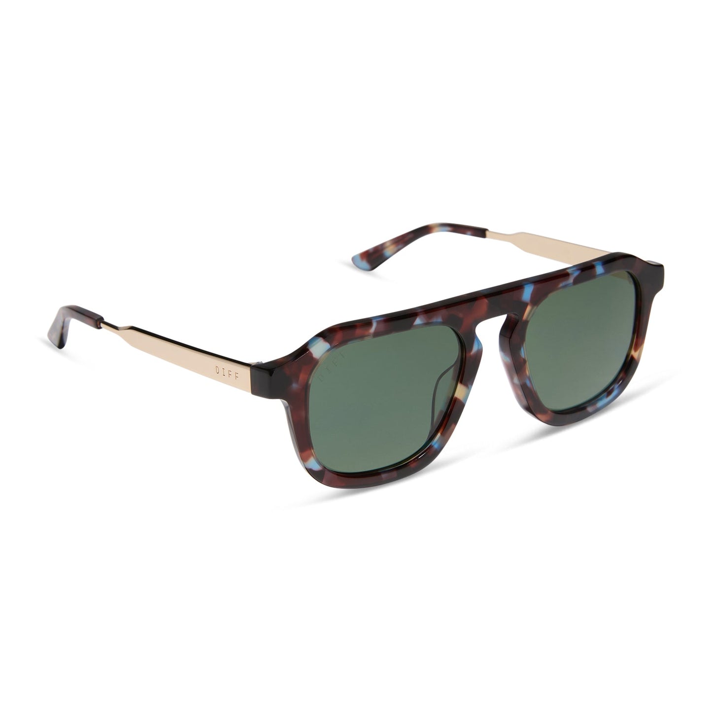 jena sims x diff eyewear featuring the sims navigator sunglasses with a blue color pop with gold metal frame and g15 polarized lenses angled view