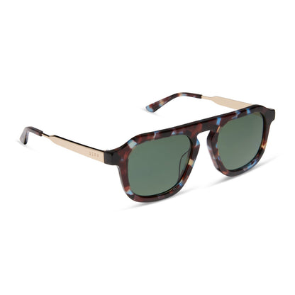 jena sims x diff eyewear featuring the sims navigator sunglasses with a blue color pop with gold metal frame and g15 polarized lenses angled view