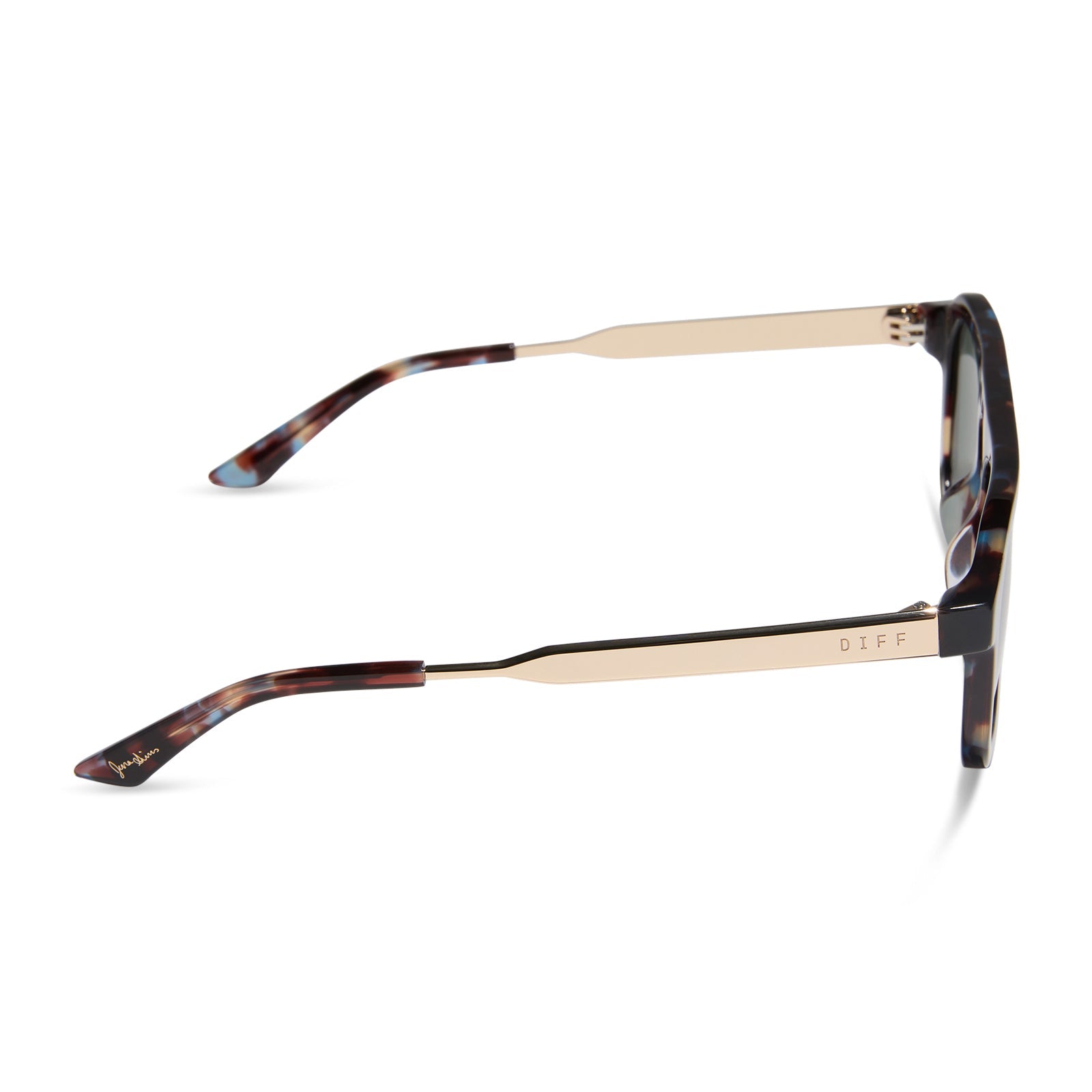 jena sims x diff eyewear featuring the sims navigator sunglasses with a blue color pop with gold metal frame and g15 polarized lenses side view