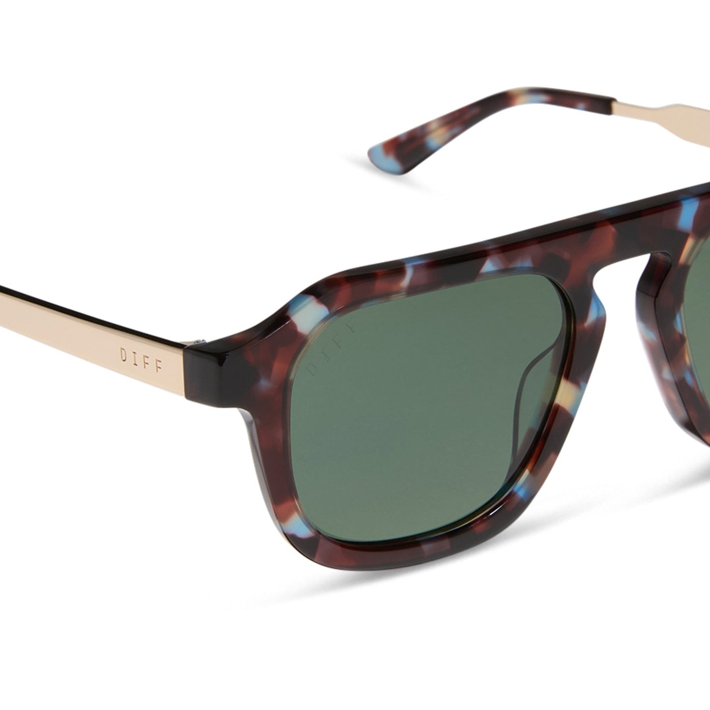 jena sims x diff eyewear featuring the sims navigator sunglasses with a blue color pop with gold metal frame and g15 polarized lenses detailed view
