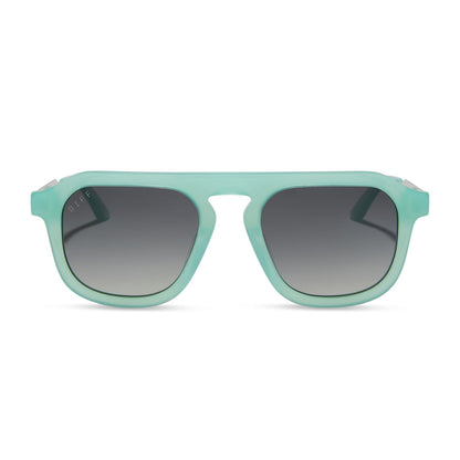 jena sims x diff eyewear featuring the sims navigator sunglasses with a bronco blue with silver metal frame and grey gradient polarized lenses front view