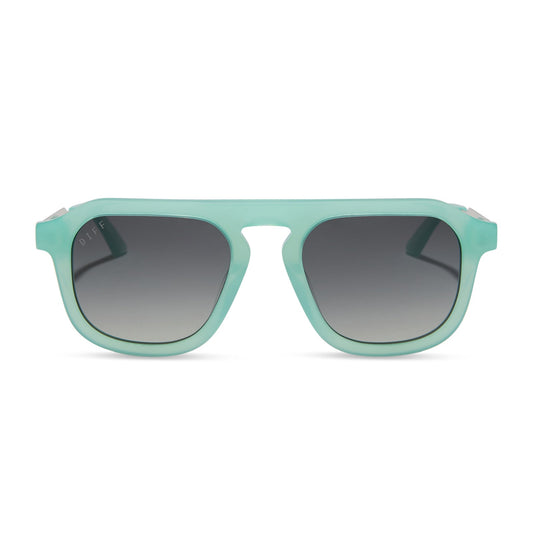 jena sims x diff eyewear featuring the sims navigator sunglasses with a bronco blue with silver metal frame and grey gradient polarized lenses front view