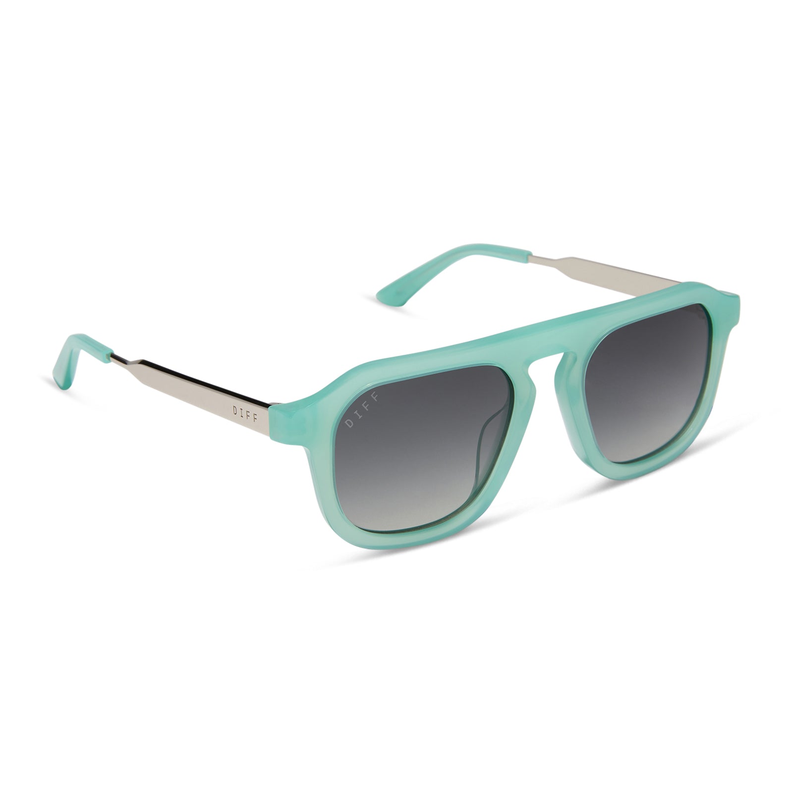 jena sims x diff eyewear featuring the sims navigator sunglasses with a bronco blue with silver metal frame and grey gradient polarized lenses angled view