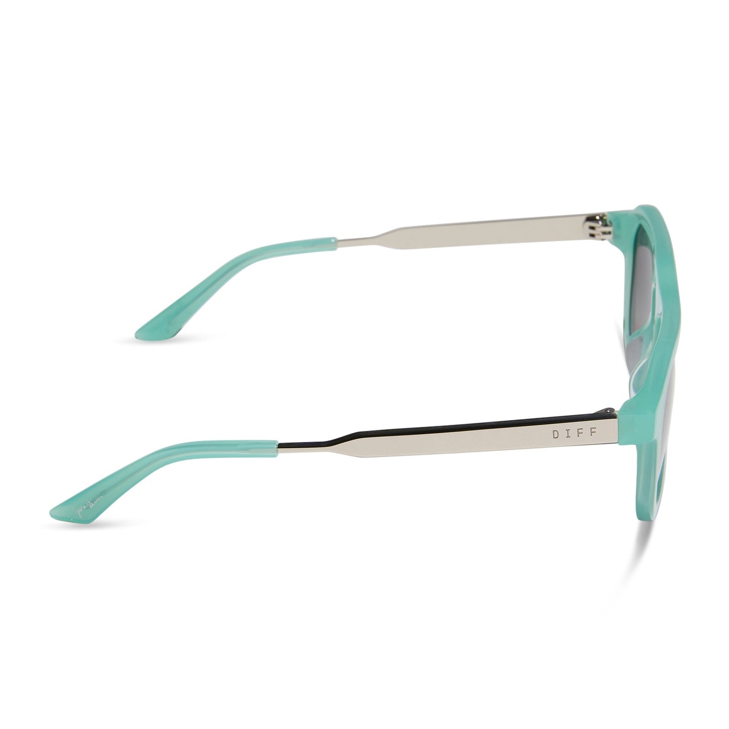 jena sims x diff eyewear featuring the sims navigator sunglasses with a bronco blue with silver metal frame and grey gradient polarized lenses side view