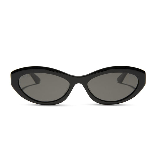 jessie james decker x diff eyewear featuring the dolce bella oval sunglasses with a black frame and grey lenses front view