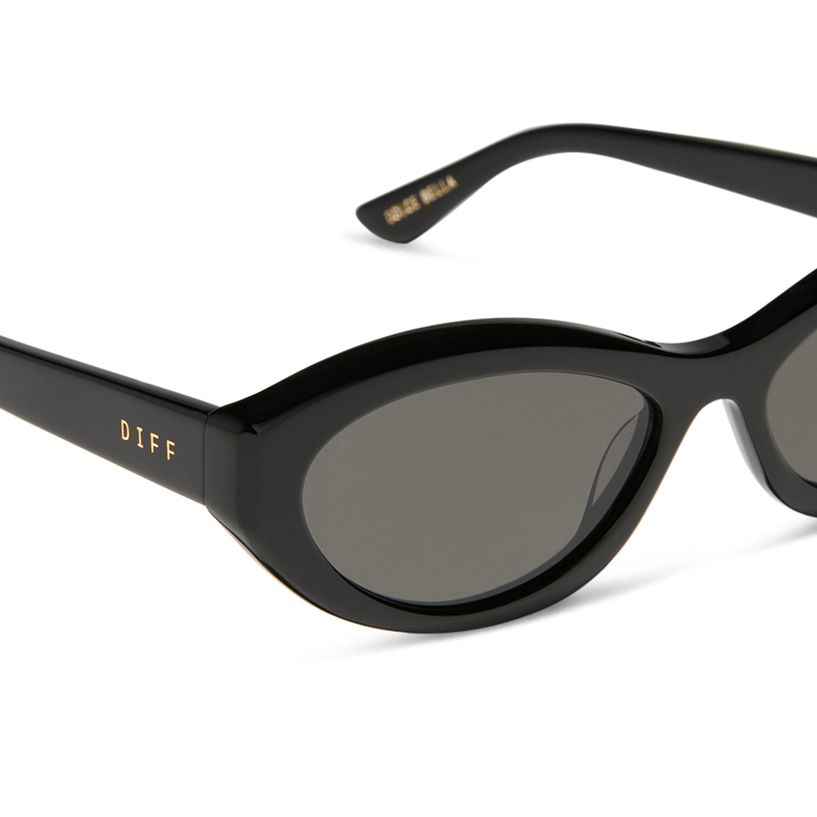 jessie james decker x diff eyewear featuring the dolce bella oval sunglasses with a black frame and grey lenses detailed view