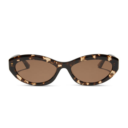 jessie james decker x diff eyewear featuring the dolce bella oval sunglasses with a espresso tortoise frame and brown lenses front view