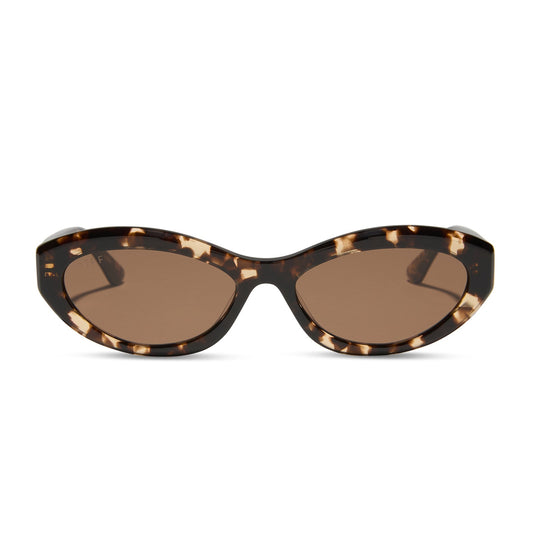 jessie james decker x diff eyewear featuring the dolce bella oval sunglasses with a espresso tortoise frame and brown lenses front view