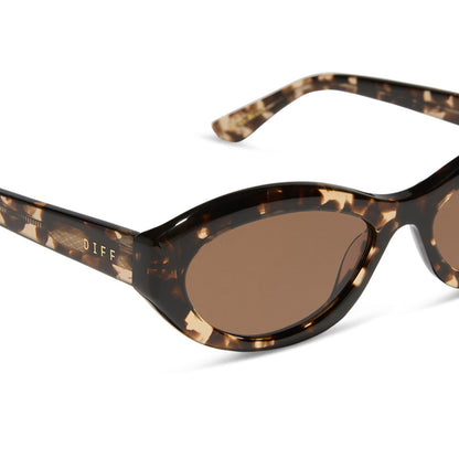 jessie james decker x diff eyewear featuring the dolce bella oval sunglasses with a espresso tortoise frame and brown lenses detailed view