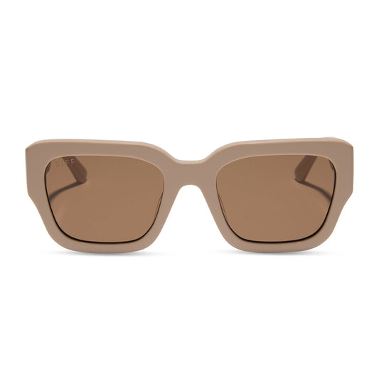 jessie james decker x diff eyewear featuring the loren square sunglasses with a almond frame and brown lenses front view
