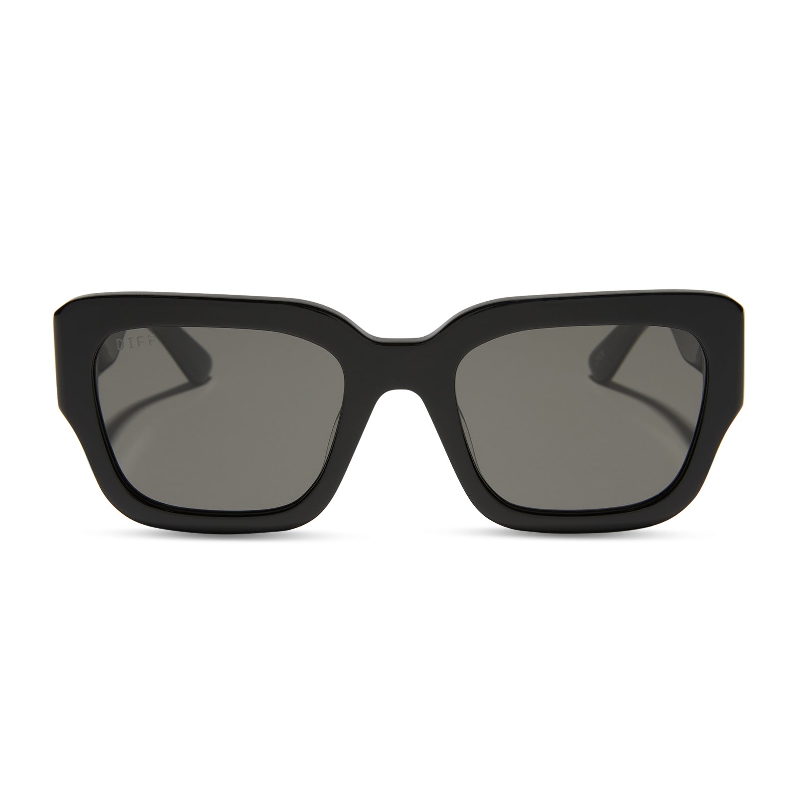 jessie james decker x diff eyewear featuring the loren square sunglasses with a black frame and grey lenses front view