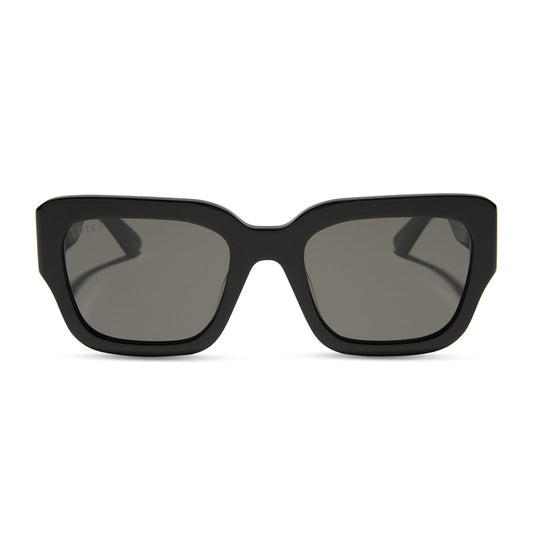 jessie james decker x diff eyewear featuring the loren square sunglasses with a black frame and grey lenses front view