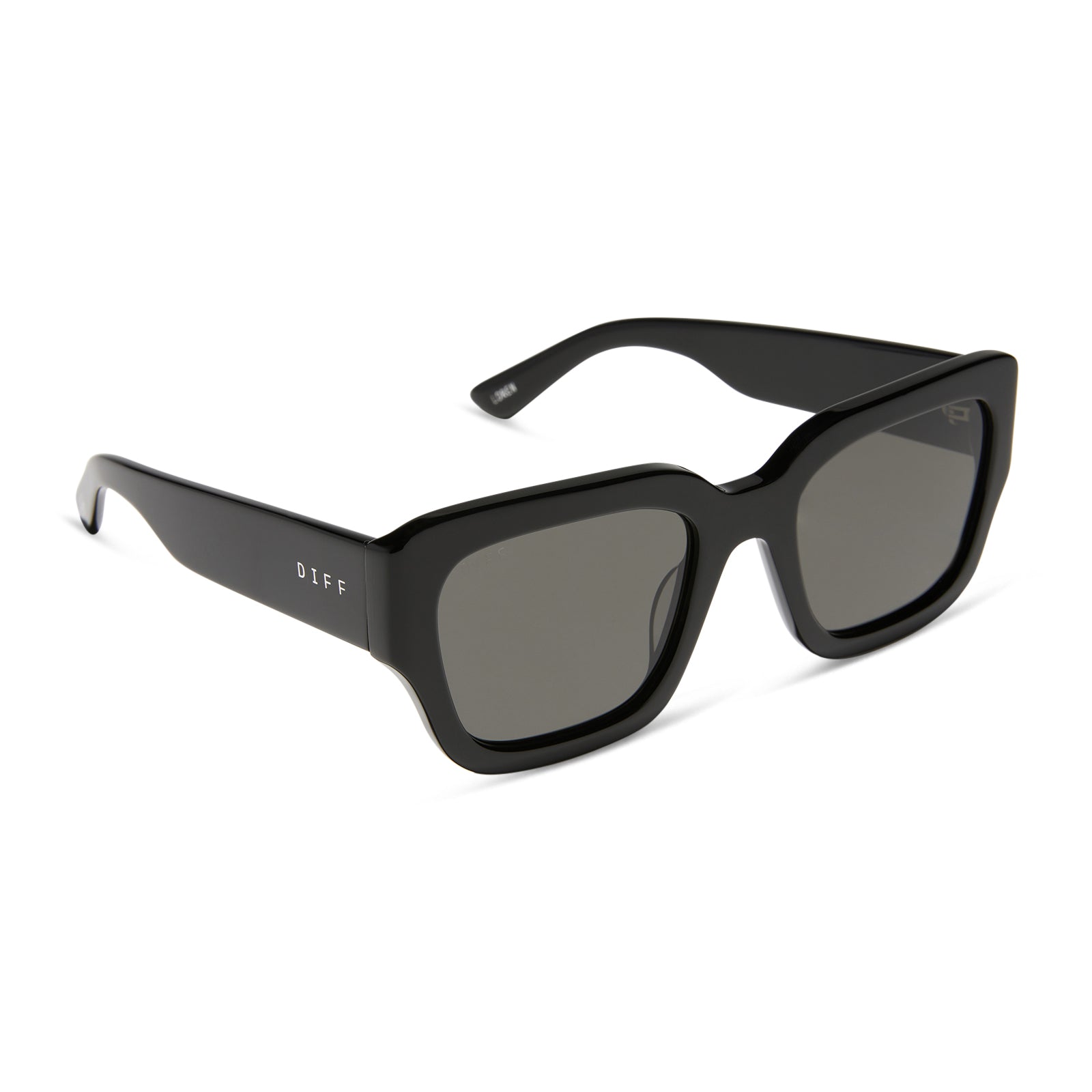 jessie james decker x diff eyewear featuring the loren square sunglasses with a black frame and grey lenses angled view