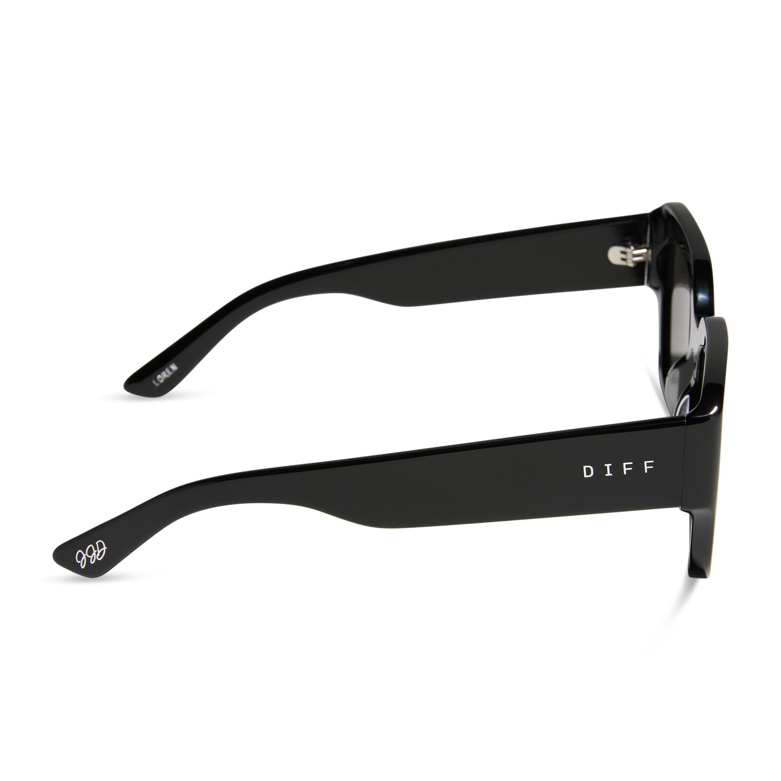 jessie james decker x diff eyewear featuring the loren square sunglasses with a black frame and grey lenses side view
