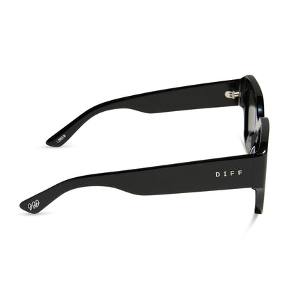 jessie james decker x diff eyewear featuring the loren square sunglasses with a black frame and grey lenses side view