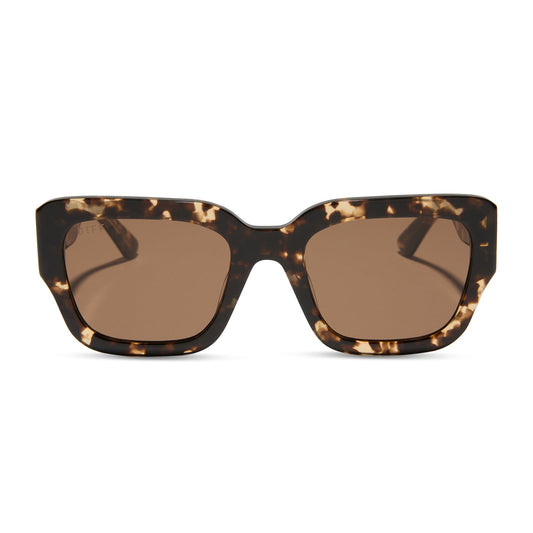 jessie james decker x diff eyewear featuring the loren square sunglasses with a espresso tortoise frame and brown lenses front view