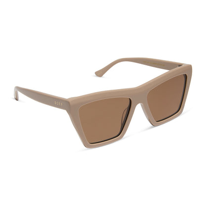 jessie james decker x diff eyewear featuring the vivi cat eye sunglasses with a almond brown frame and brown lenses angled view