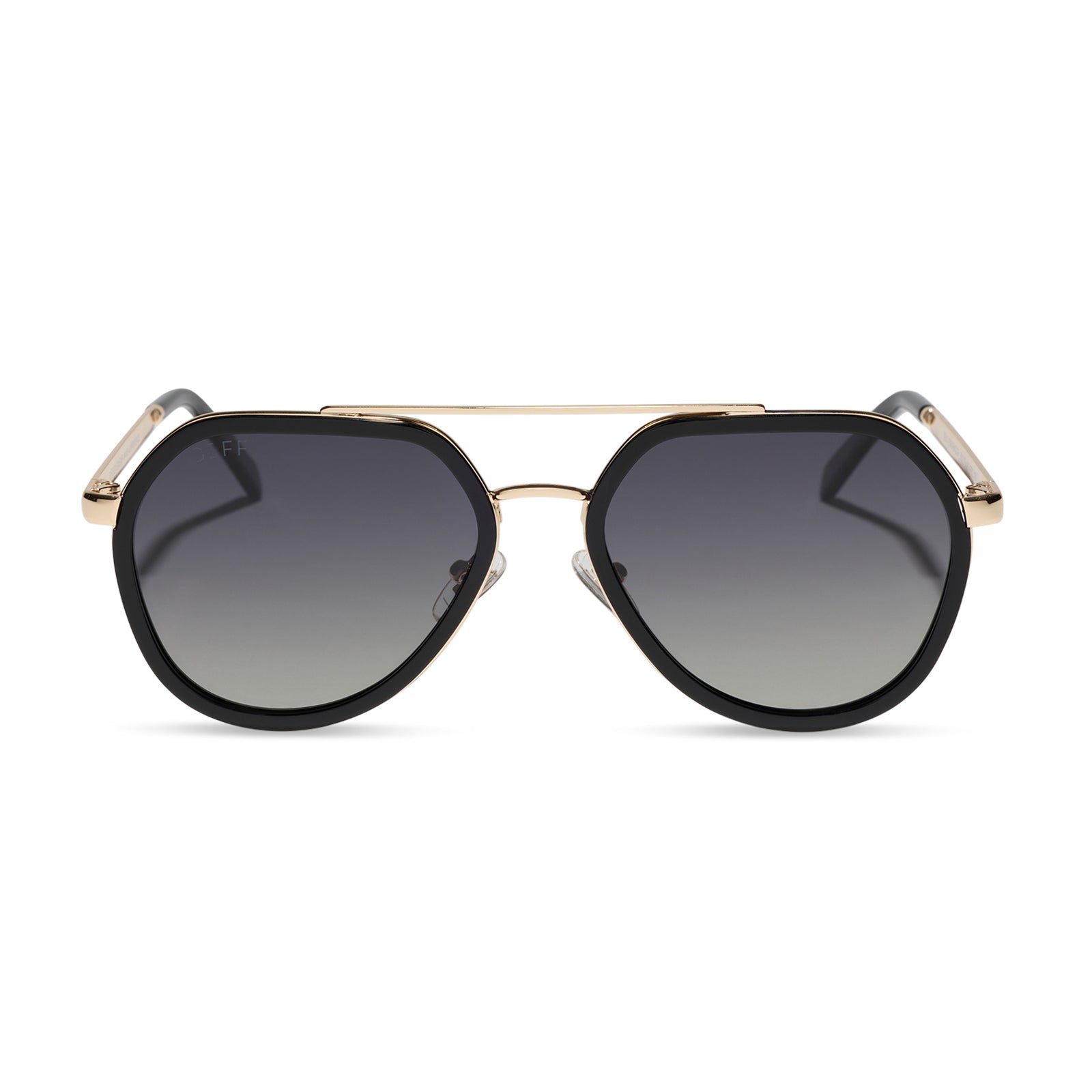 diff eyewear featuring the joey round sunglasses with a black & gold metal frame with grey gradient polarized lenses front view
