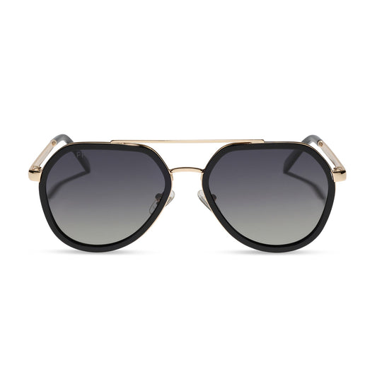 diff eyewear featuring the joey round sunglasses with a black & gold metal frame with grey gradient polarized lenses front view