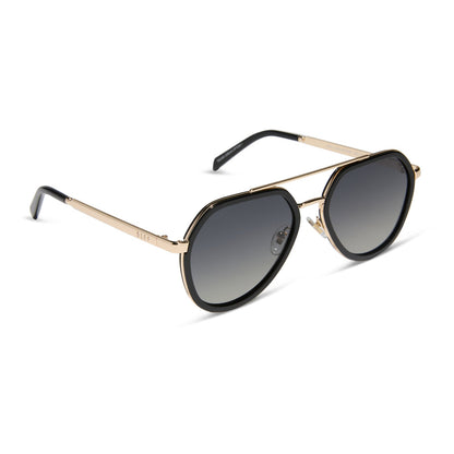diff eyewear featuring the joey round sunglasses with a black & gold metal frame with grey gradient polarized lenses angled view