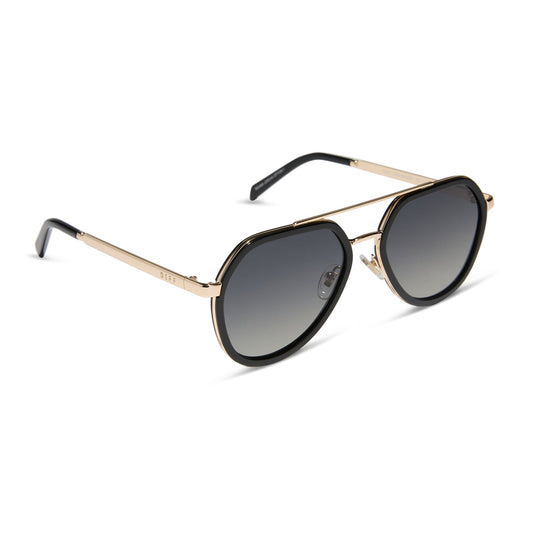 diff eyewear featuring the joey round sunglasses with a black & gold metal frame with grey gradient polarized lenses angled view