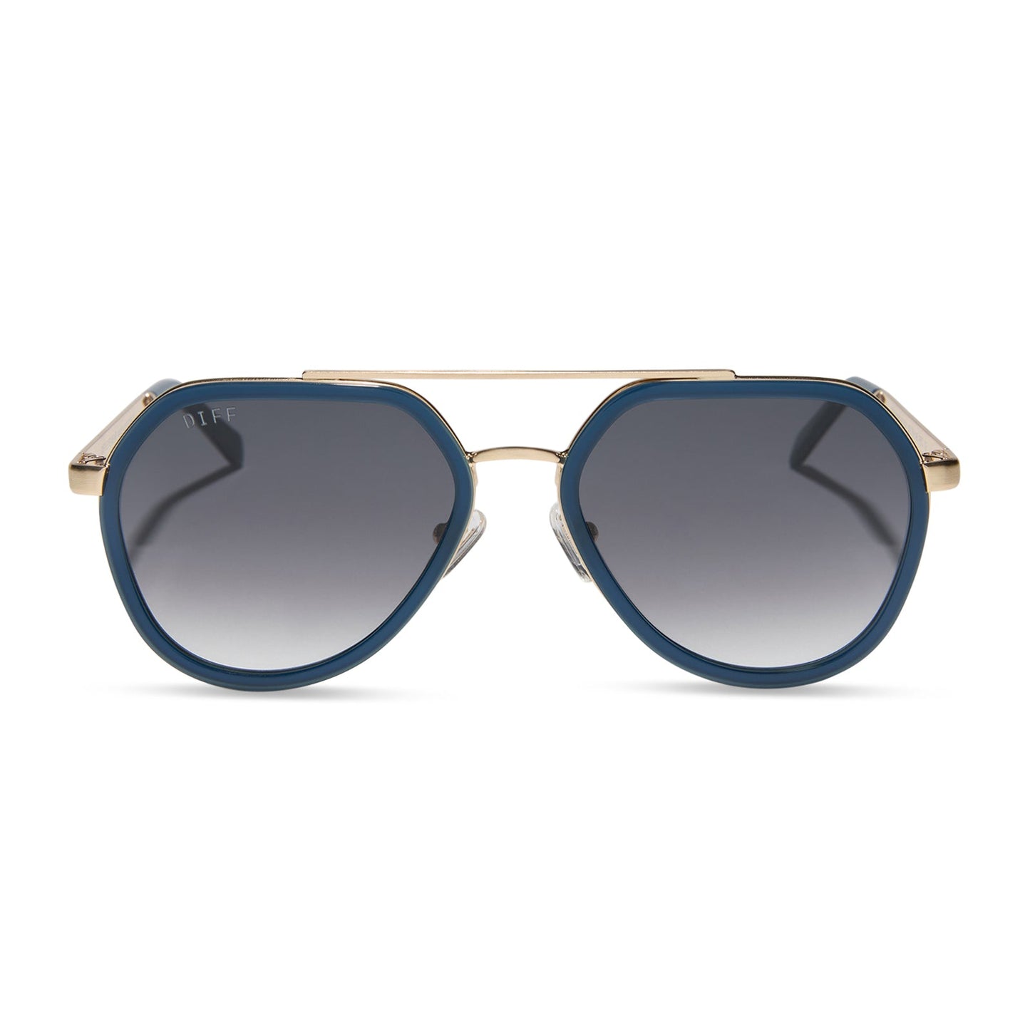 diff eyewear featuring the joey round sunglasses with a clubhouse blue & brushed gold metal frame with grey gradient lenses front view