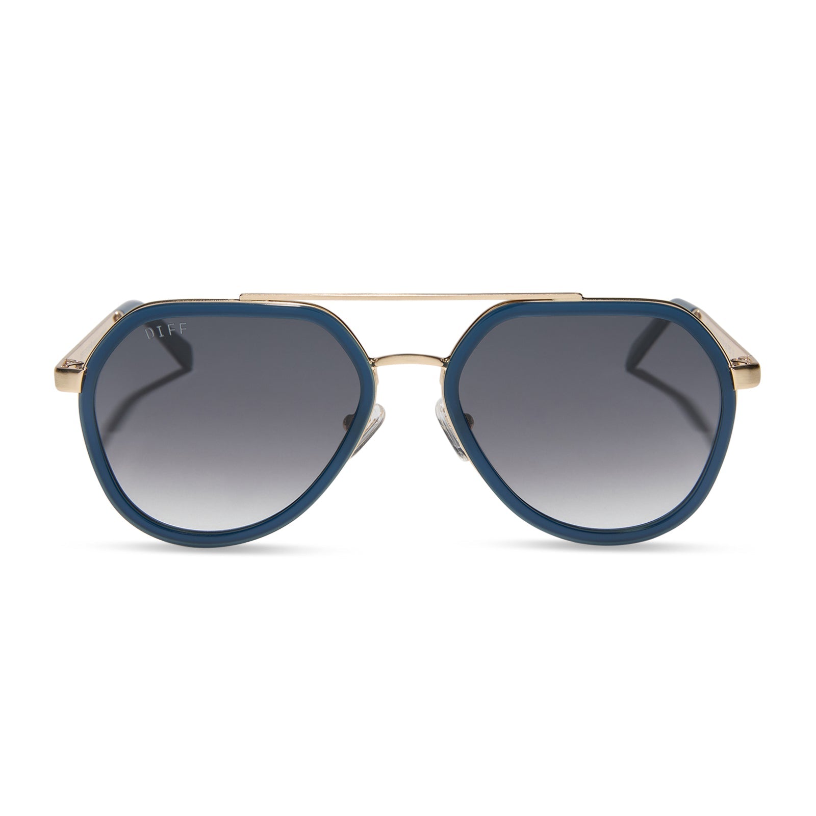 diff eyewear featuring the joey round sunglasses with a clubhouse blue & brushed gold metal frame with grey gradient lenses front view