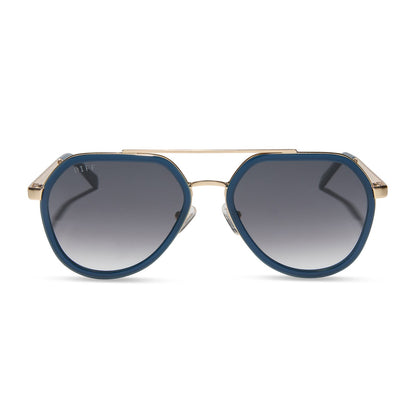 diff eyewear featuring the joey round sunglasses with a clubhouse blue & brushed gold metal frame with grey gradient lenses front view
