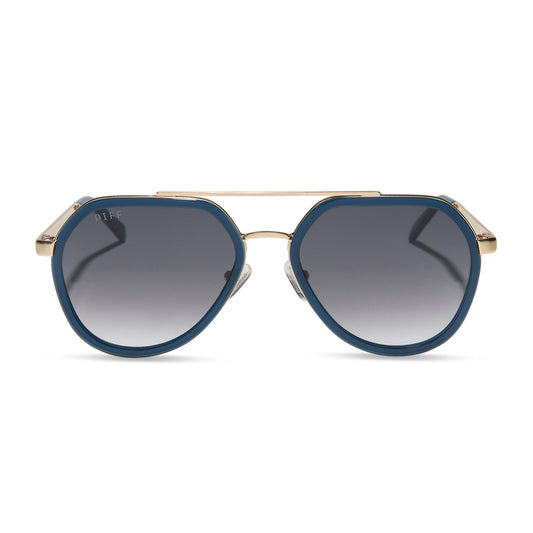 diff eyewear featuring the joey round sunglasses with a clubhouse blue & brushed gold metal frame with grey gradient lenses front view