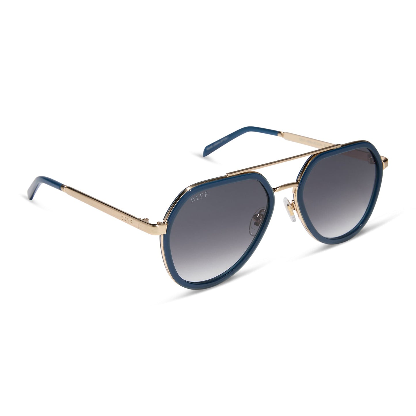 diff eyewear featuring the joey round sunglasses with a clubhouse blue & brushed gold metal frame with grey gradient lenses angled view