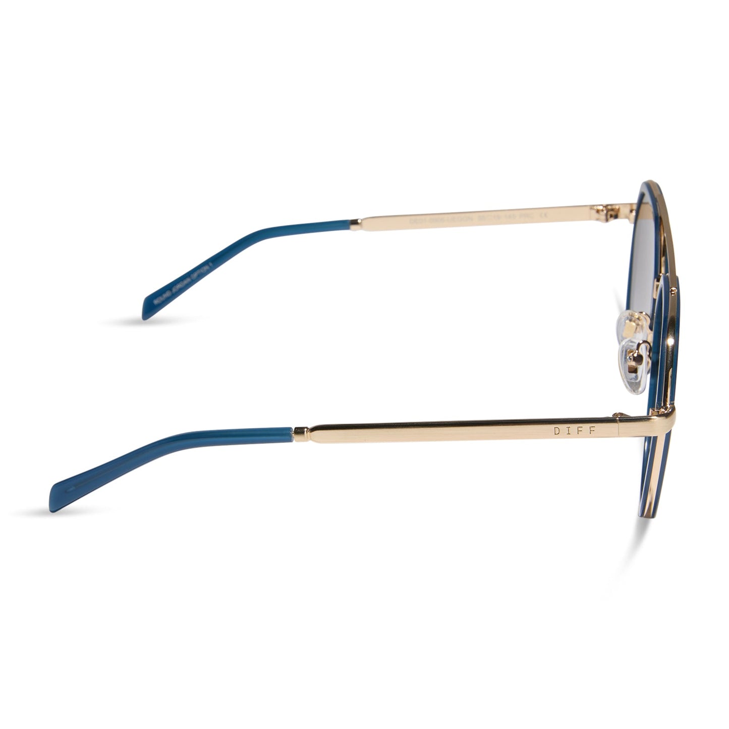 diff eyewear featuring the joey round sunglasses with a clubhouse blue & brushed gold metal frame with grey gradient lenses side view