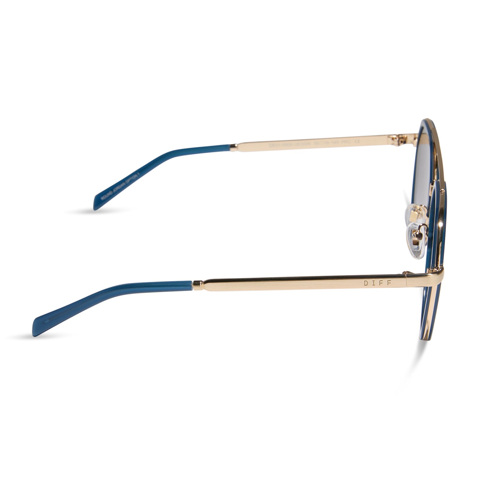 diff eyewear featuring the joey round sunglasses with a clubhouse blue & brushed gold metal frame with grey gradient lenses side view