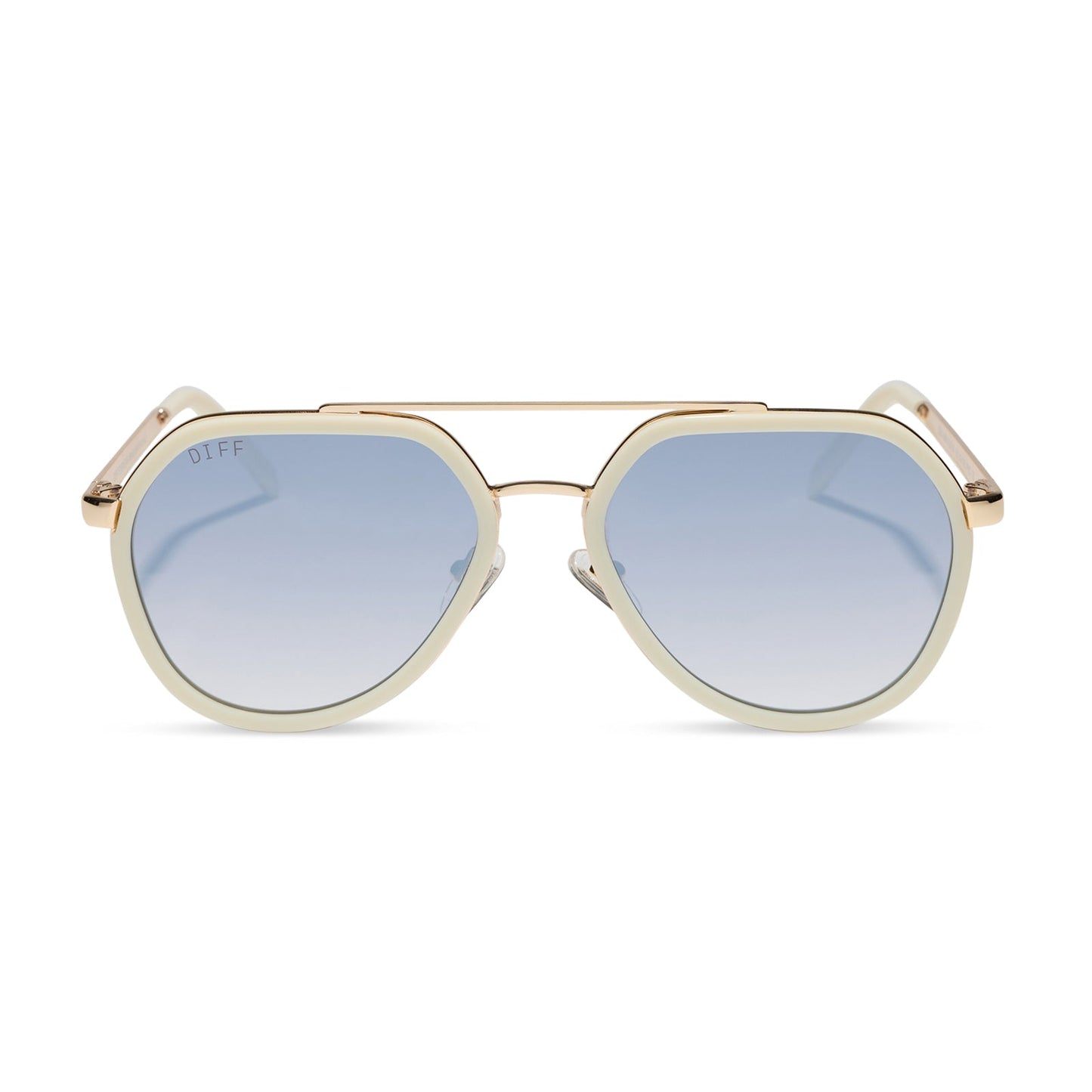 diff eyewear featuring the joey round sunglasses with a courtside ivory & gold metal frame with blue slate gradient flash lenses front view