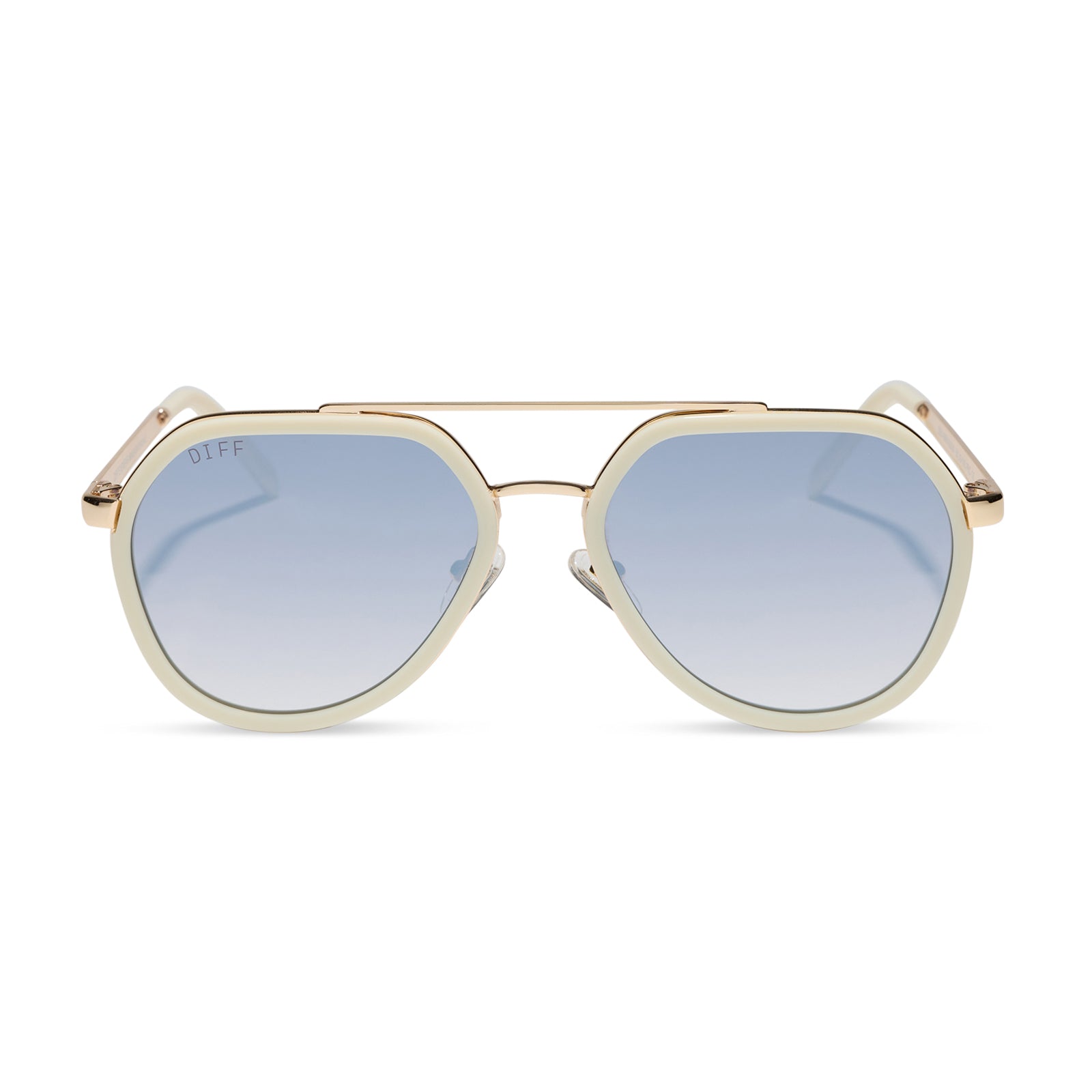 diff eyewear featuring the joey round sunglasses with a courtside ivory & gold metal frame with blue slate gradient flash lenses front view