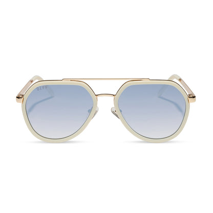 diff eyewear featuring the joey round sunglasses with a courtside ivory & gold metal frame with blue slate gradient flash lenses front view